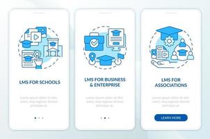 Learning management system deploy blue onboarding mobile app screen. Walkthrough 3 steps editable graphic instructions with linear concepts. UI, UX, GUI template vector