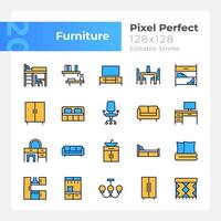 conjunto de iconos de color rgb perfectos de píxeles del departamento de muebles. muebles para sala de estar, dormitorio. artículos para el hogar ilustraciones vectoriales aisladas. colección de dibujos de líneas llenas simples. trazo editable vector