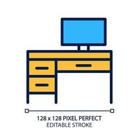 Writing table pixel perfect RGB color icon. Home office. Desk with computer. Modern contemporary home furniture store. Isolated vector illustration. Simple filled line drawing. Editable stroke