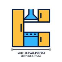 Kitchen set pixel perfect RGB color icon. Countertops and appliances. Refrigerator, stove. Home furniture store. Isolated vector illustration. Simple filled line drawing. Editable stroke