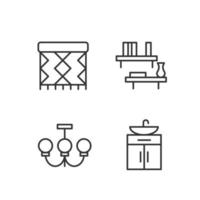 Home decor and furniture pixel perfect linear icons set. Ceiling light. Floating shelf. Rug pad. Wash stand. Customizable thin line symbols. Isolated vector outline illustrations. Editable stroke