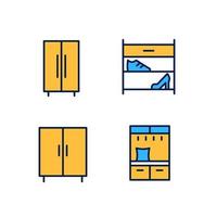 Furniture for clothes and shoes storage pixel perfect RGB color icons set. Storage cabinet. Shoe rack. Wardrobe. Isolated vector illustrations. Simple filled line drawings collection. Editable stroke