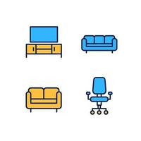 conjunto de iconos de color rgb perfectos de píxeles de la tienda de muebles. Mobiliario para sala de estar y oficina en casa. sofá, sofá. ilustraciones vectoriales aisladas. colección de dibujos de líneas llenas simples. trazo editable vector
