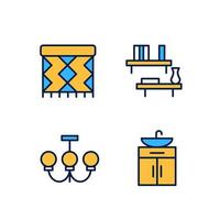 Home decor and furniture pixel perfect RGB color icons set. Ceiling light. Floating shelf. Rug pad. Wash stand. Isolated vector illustrations. Simple filled line drawings collection. Editable stroke