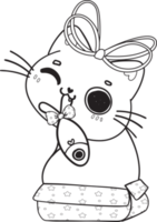 cute Christmas playful kitty cat play with present gift box outline cartoon doodle hand drawn png