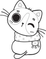 cute Christmas kitty cat in winter scarf and hat outline cartoon doodle hand drawn png