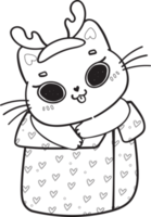 cute Christmas playful kitty cat play with present gift box outline cartoon doodle hand drawn png