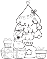 cute Christmas naughty cat on pine tree cartoon doodle outline hand drawn png