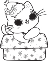 cute Christmas playful kitty cat play with present gift box outline cartoon doodle hand drawn png