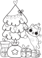 cute Christmas naughty cat on pine tree cartoon doodle outline hand drawn png