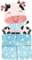 mignon sourire heureux bébé vache garçon anniversaire enfant sur boîte cadeau bleue dessin animé aquarelle png