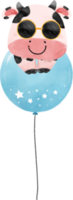 carino contento Sorridi bambino mucca ragazzo compleanno ragazzo con blu palloncini cartone animato acquerello png