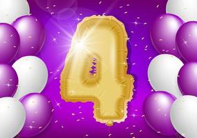 4th year anniversary design with balloons and shiny confetti, design elements for banner, postcard, poster and invitation card. Realistic 3d vector