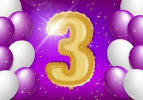 3rd year anniversary design with balloons and shiny confetti, design elements for banner, postcard, poster and invitation card. Realistic 3d vector