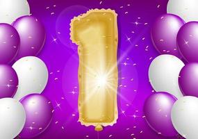 1st year anniversary design with balloons and shiny confetti, design elements for banner, postcard, poster and invitation card. Realistic 3d vector