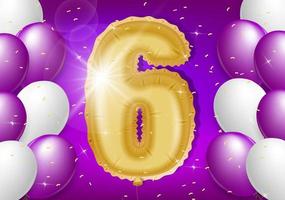 6th year anniversary design with balloons and shiny confetti, design elements for banner, postcard, poster and invitation card. Realistic 3d vector