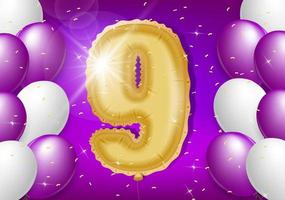 9th year anniversary design with balloons and shiny confetti, design elements for banner, postcard, poster and invitation card. Realistic 3d vector