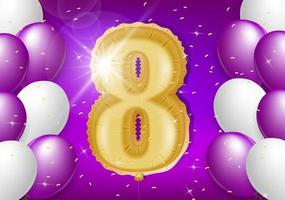 8th year anniversary design with balloons and shiny confetti, design elements for banner, postcard, poster and invitation card. Realistic 3d vector