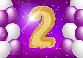 2nd year anniversary design with balloons and shiny confetti, design elements for banner, postcard, poster and invitation card. Realistic 3d vector