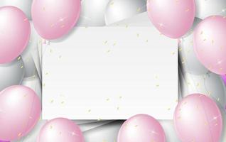 Balloons Background. Celebrate party banner with helium baloons and confetti. Festive template with birthday and anniversary with space for text. Decorative realistic objects for poster. Vector 3d