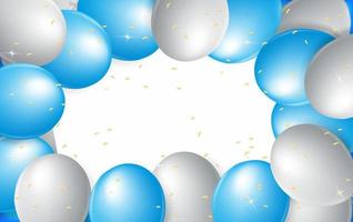 Balloons Background. Celebrate party banner with helium baloons and confetti. Festive template with birthday and anniversary with space for text. Decorative realistic objects for poster. Vector 3d