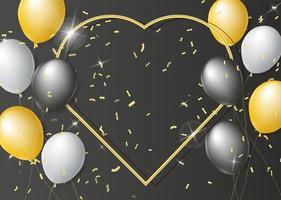 Black, white, gold balloons on a black background. Gold frame in the shape of a heart with realistic 3d balloons and confetti with gold glitter. Place for your text. Template for postcard, invitation. vector