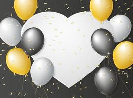 Black, white and gold balloons on a black background. Heart shaped white sheet with realistic 3d balloons and gold glitter confetti. Place for your text. Template for postcard, invitation, banner. vector