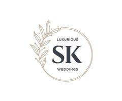 SK Initials letter Wedding monogram logos template, hand drawn modern minimalistic and floral templates for Invitation cards, Save the Date, elegant identity. vector