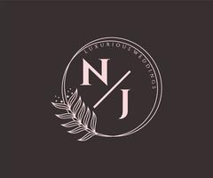 NJ Initials letter Wedding monogram logos template, hand drawn modern minimalistic and floral templates for Invitation cards, Save the Date, elegant identity. vector