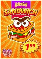 Monster sandwich menu. A vertical banner with a price tag for a fast food cafe on Halloween day. Vector illustration.