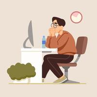 Multicolored drawing with a guy sitting at a computer for printing and design.Vector illustration. vector