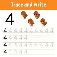 Learn Numbers. Trace and write. Handwriting practice. Learning numbers for kids. Education developing worksheet. Color activity page. Vector illustration.