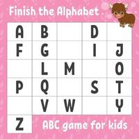 Finish the alphabet. ABC game for kids. Education developing worksheet. Learning game for kids. Color activity page. Vector illustration.