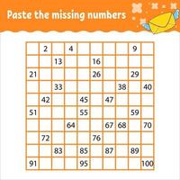 Paste the missing numbers from 1 to 100. Handwriting practice. Learning numbers for kids. Education developing worksheet. Activity page. Isolated vector illustration in cute cartoon style.