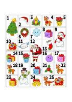 Christmas advent calendar with cute characters. Santa claus, deer, snowman, fir tree, snowflake, gift, bauble, sock. Cartoon style. With numbers 1 to 25. Vector illustration. Holiday preparation.