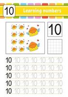 Trace and write numbers. Handwriting practice. Learning numbers for kids. Education developing worksheet. Activity page. Vector illustration.