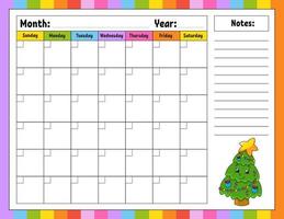 Blank calendar template for one month without dates. Colorful design with a cute character. Vector illustration.