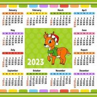 Calendar for 2023 with a cute character. Fun and bright design. Cartoon style. Vector illustration.