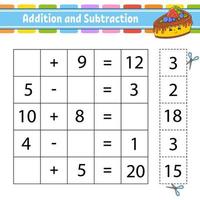 Addition and subtraction. Task for kids. Cut and paste. Education developing worksheet. Activity page. Game for children. Funny character. Isolated vector illustration. cartoon style.