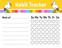 Habit tracker for kids. Sheet template for printing. With cute character. Vector illustration.