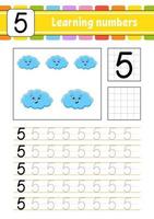 Trace and write numbers. Handwriting practice. Learning numbers for kids. Education developing worksheet. Activity page. Vector illustration.