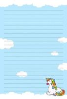 Colored sheet template for notes with unicorn. Paper page for journal, notebook, diary, letters, schedule, organizer. Cute cartoon character. Lined sheet. Vector illustration.