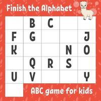 Finish the alphabet. ABC game for kids. Education developing worksheet. Learning game for kids. Color activity page. Vector illustration.