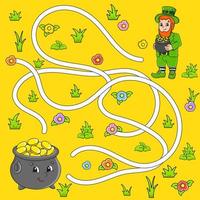 Funny maze for kids. Puzzle for children. cartoon character. Labyrinth conundrum. St. Patrick's Day. Color vector illustration. Find the right path.