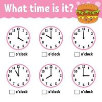 Learning time on the clock. Educational activity worksheet for kids and toddlers. Game for children. Simple flat isolated color vector illustration in cute cartoon style.