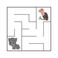 Simple square maze for toddlers. With cute cartoon characters. Isolated on white background. Vector illustration.