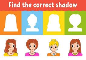 Find the correct shadow. Education worksheet. Matching game for kids. Color activity page. Puzzle for children. cartoon character. Vector illustration.