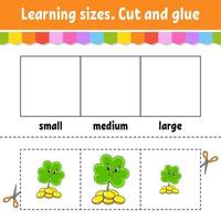 Learning sizes. Cut and glue. Easy level. Color activity worksheet. Game for children. Cartoon character. Vector illustration.