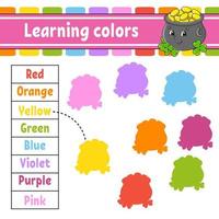 Learning colors. Education developing worksheet. Activity page with pictures. Game for children. Funny character. cartoon style. Vector illustration.