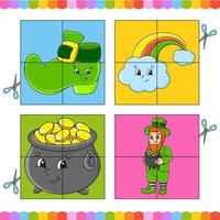 Cut and play. Paper game with glue. Flash cards. Education worksheet. Activity page. St. Patrick's Day. Isolated vector illustration. cartoon style.